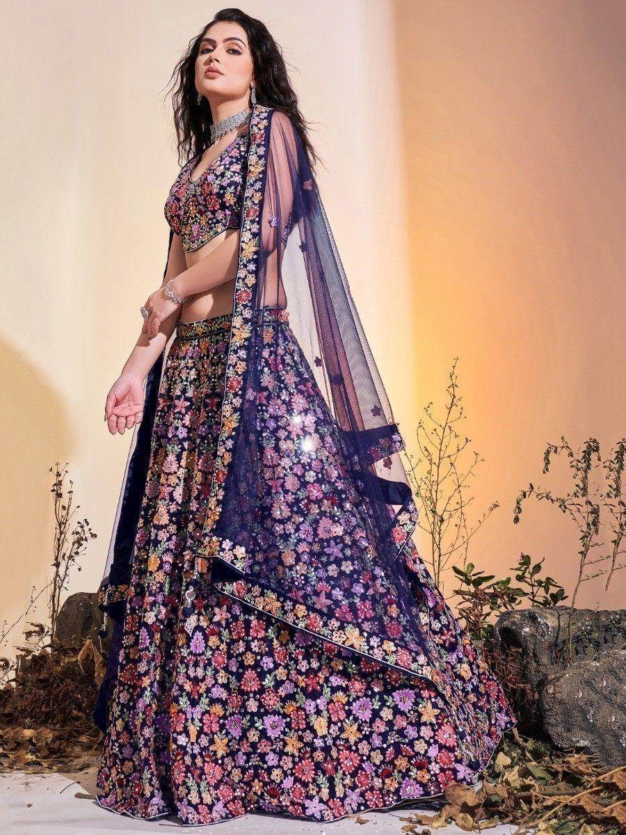 Attractive Navy Blue Embroidered Net Reception Wear Lehenga Choli - Zeel Clothing