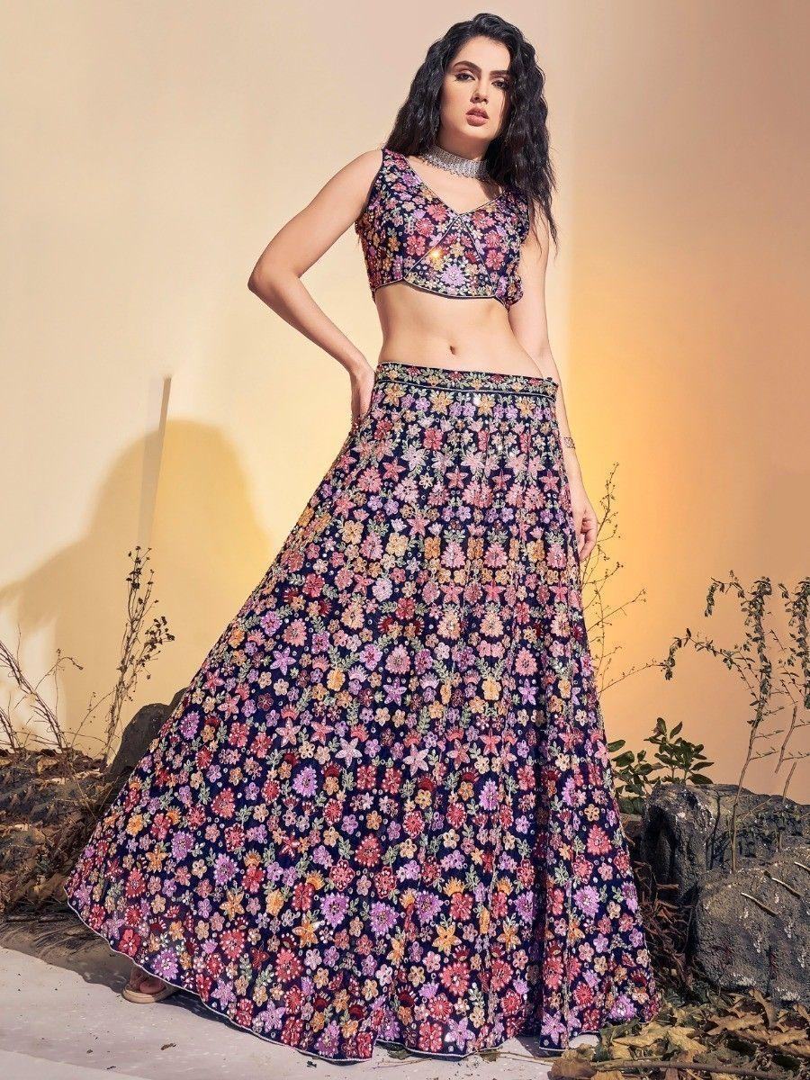 Attractive Navy Blue Embroidered Net Reception Wear Lehenga Choli - Zeel Clothing