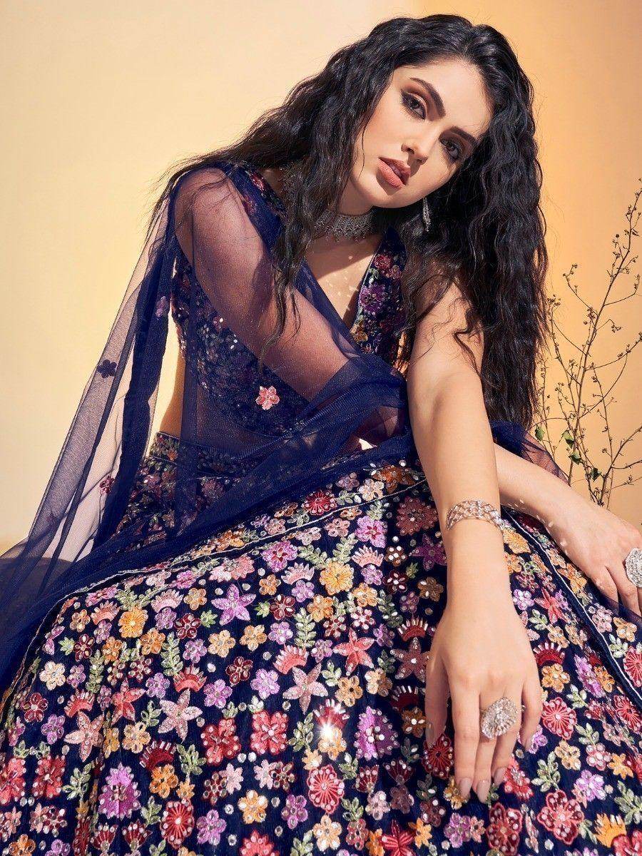 Attractive Navy Blue Embroidered Net Reception Wear Lehenga Choli - Zeel Clothing
