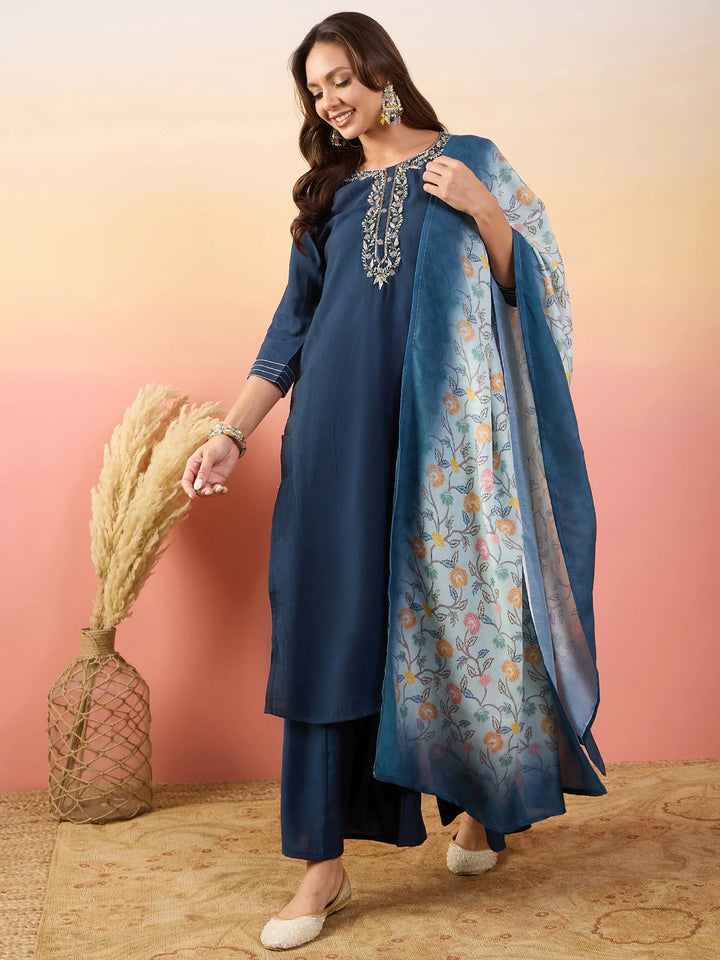 Attractive Navy Blue Embroidered Silk Traditional Pant Suit - Zeel Clothing