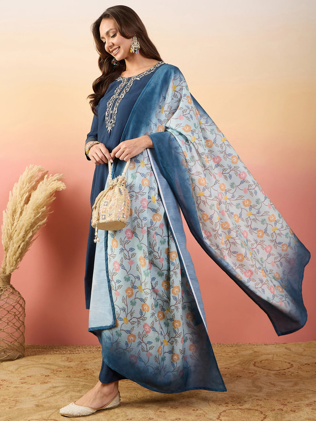 Attractive Navy Blue Embroidered Silk Traditional Pant Suit - Zeel Clothing