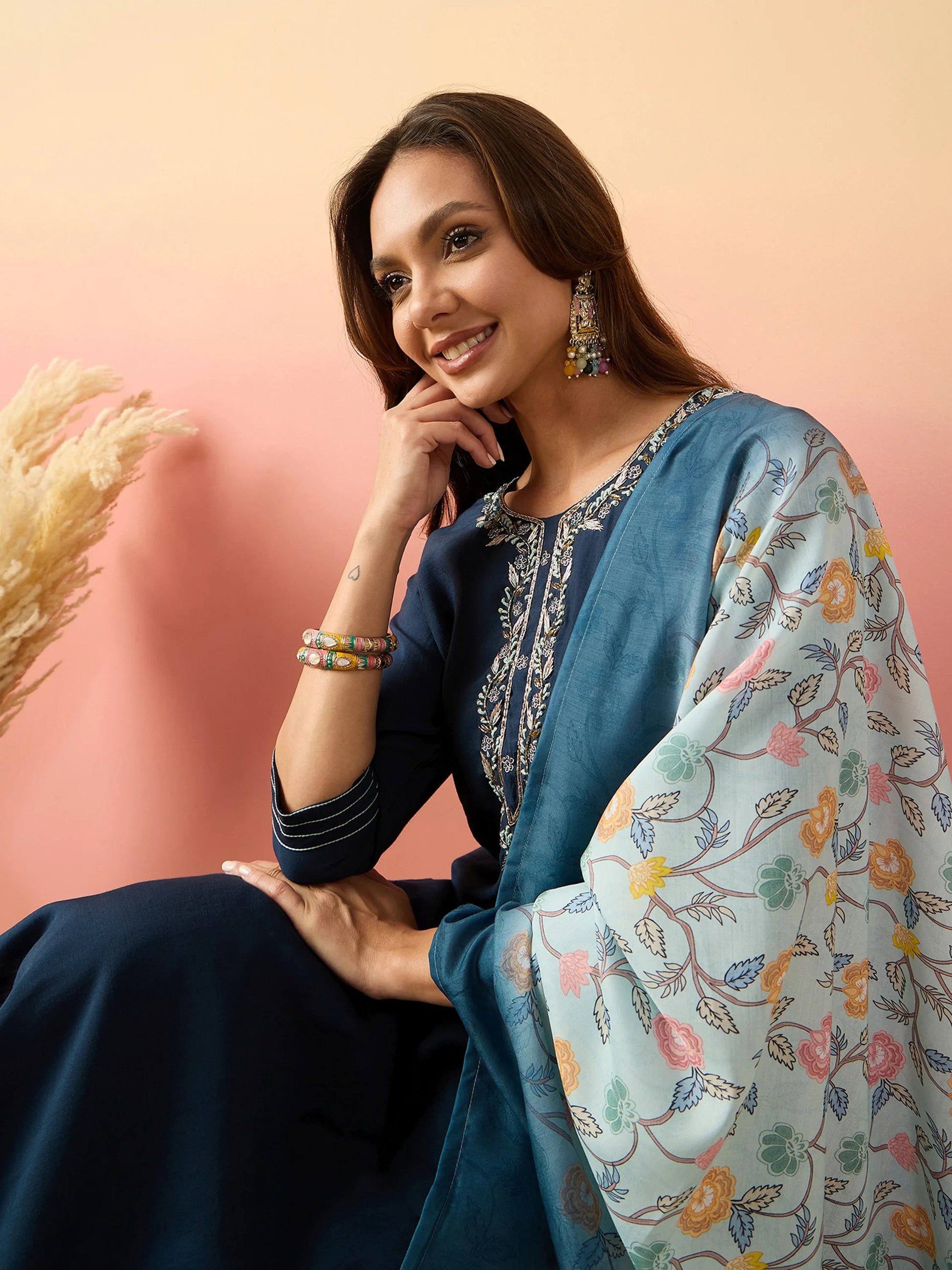 Attractive Navy Blue Embroidered Silk Traditional Pant Suit - Zeel Clothing
