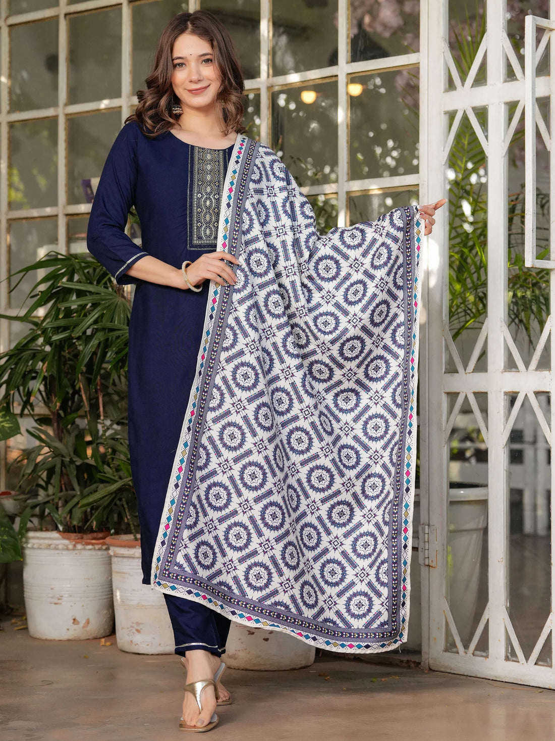 Attractive Navy Blue Rayon Thread Work Festive Wear Pant Suit With Printed Dupatta - Zeel Clothing