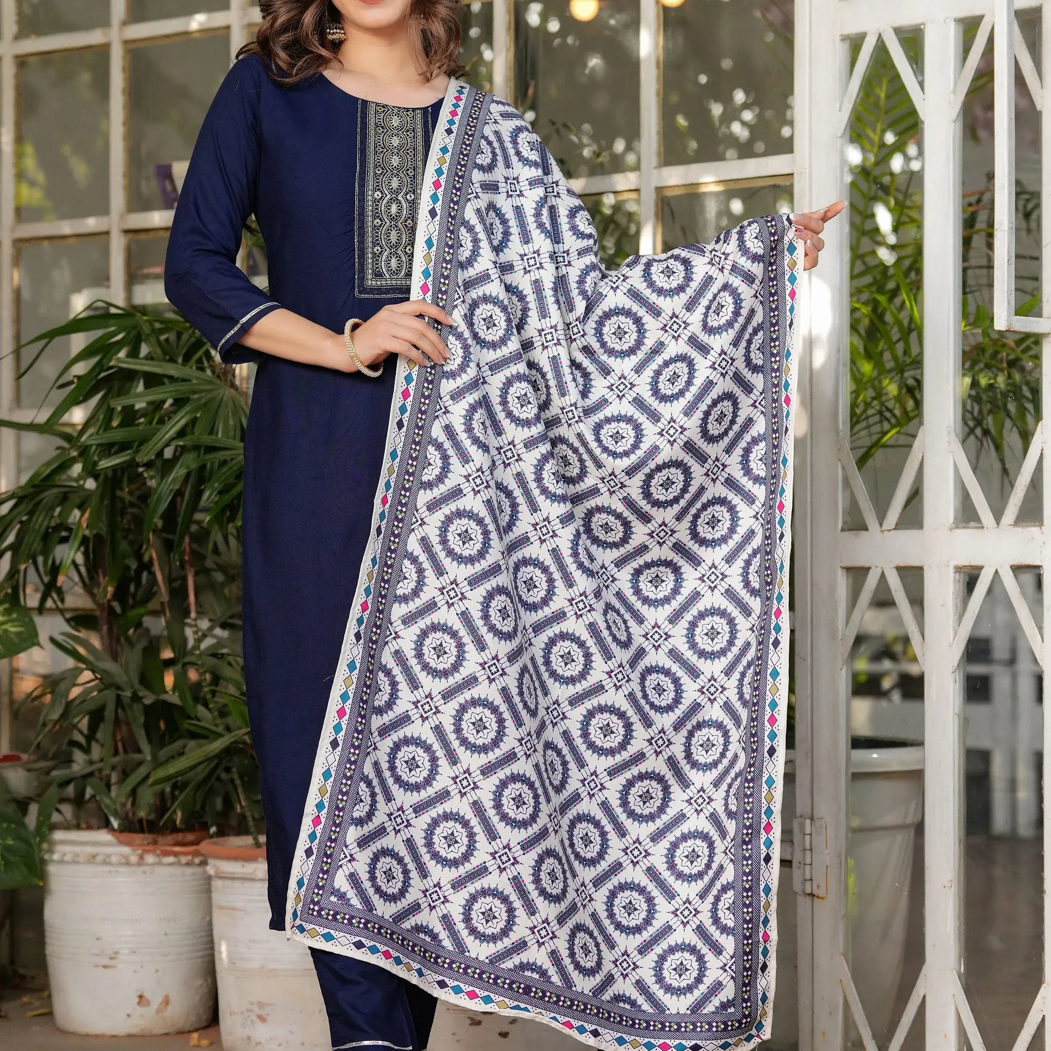 Attractive Navy Blue Rayon Thread Work Festive Wear Pant Suit With Printed Dupatta - Zeel Clothing