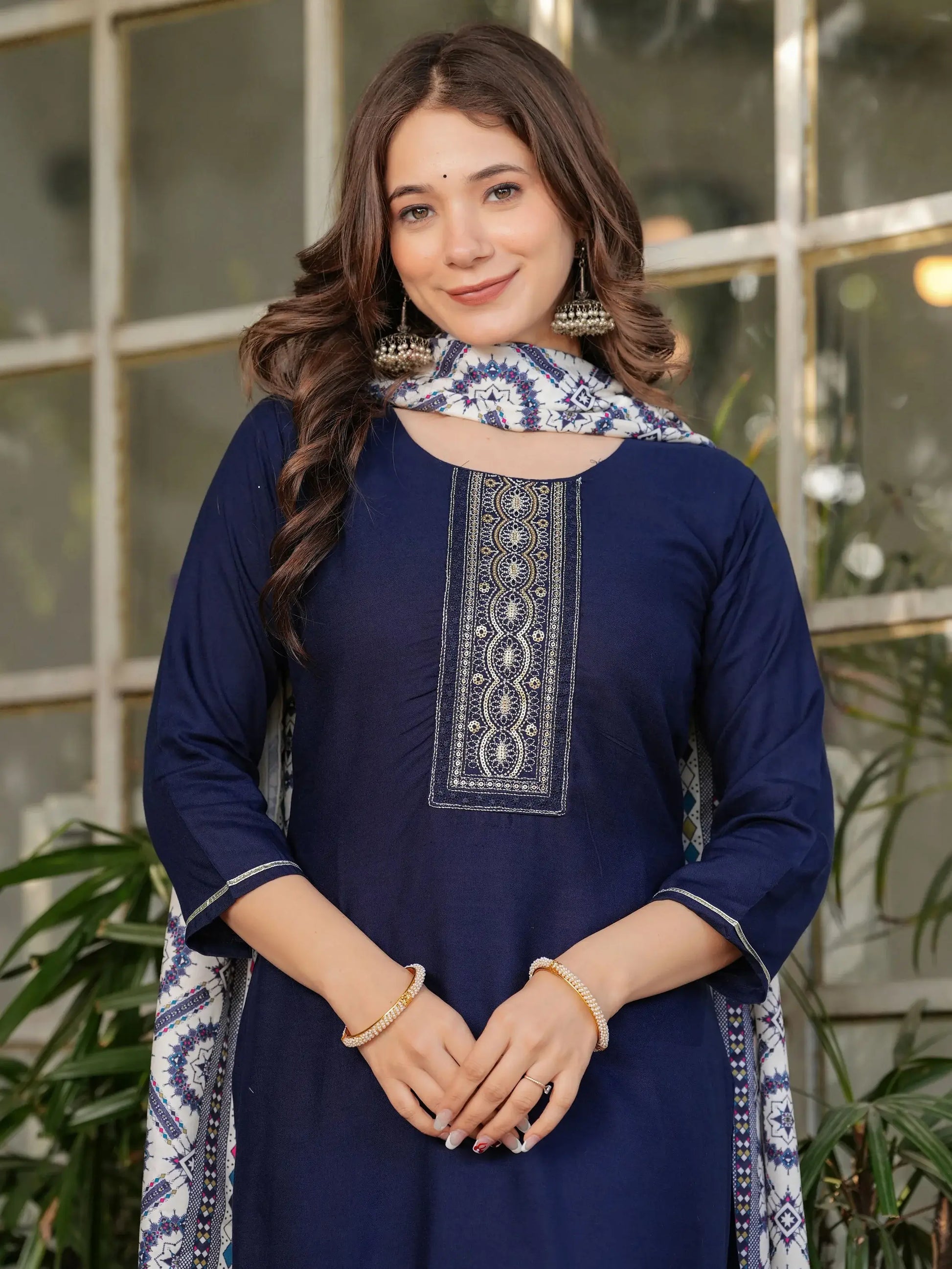 Attractive Navy Blue Rayon Thread Work Festive Wear Pant Suit With Printed Dupatta - Zeel Clothing