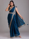 Attractive Navy Blue Sequins Chinon Party Wear Saree With Blouse - Zeel Clothing