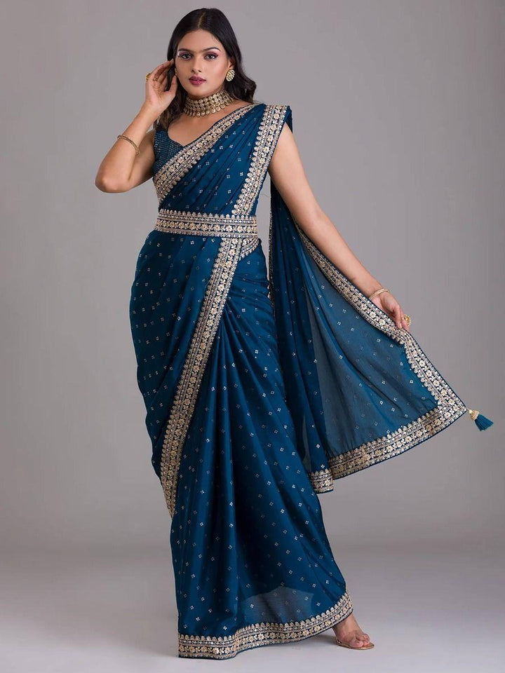 Attractive Navy Blue Sequins Chinon Party Wear Saree With Blouse - Zeel Clothing