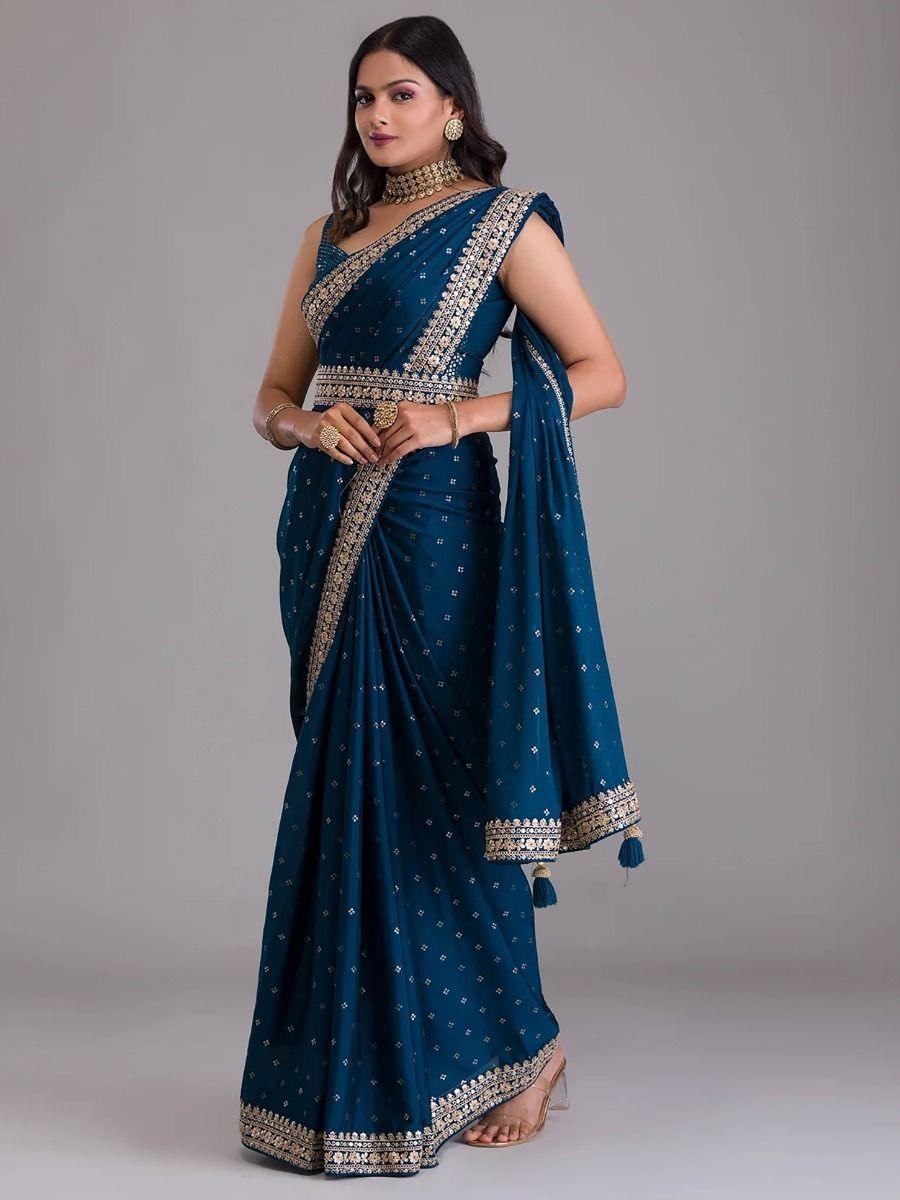 Attractive Navy Blue Sequins Chinon Party Wear Saree With Blouse - Zeel Clothing