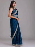 Attractive Navy Blue Sequins Chinon Party Wear Saree With Blouse - Zeel Clothing