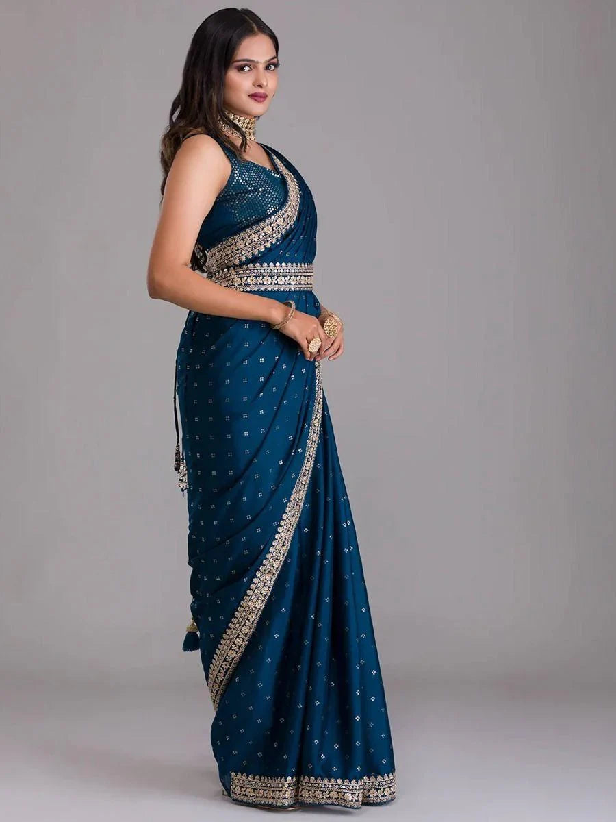 Attractive Navy Blue Sequins Chinon Party Wear Saree With Blouse - Zeel Clothing
