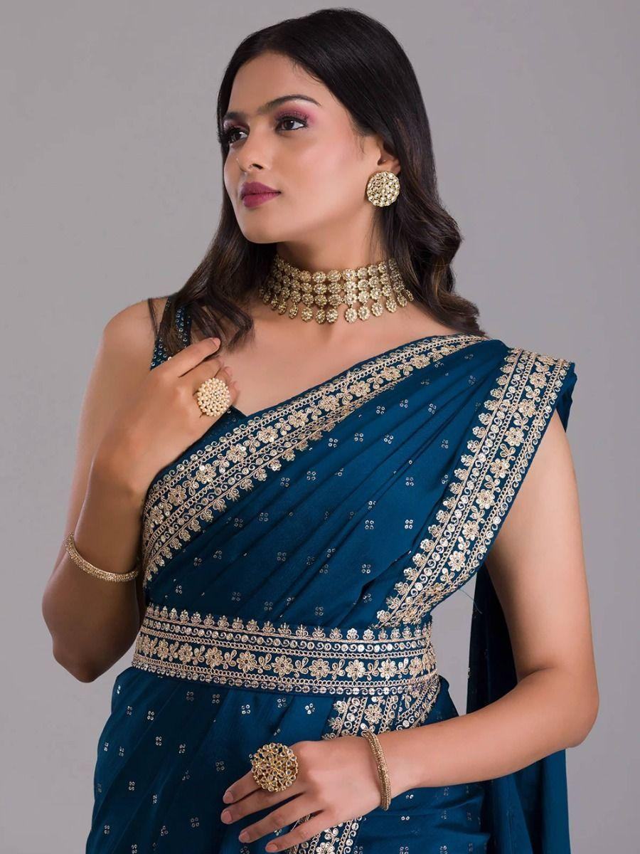 Attractive Navy Blue Sequins Chinon Party Wear Saree With Blouse - Zeel Clothing