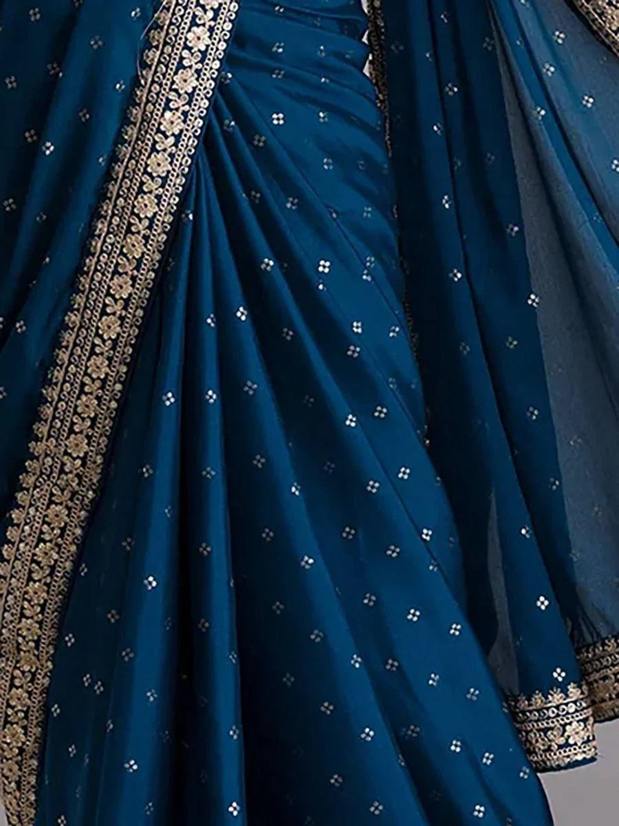 Attractive Navy Blue Sequins Chinon Party Wear Saree With Blouse - Zeel Clothing