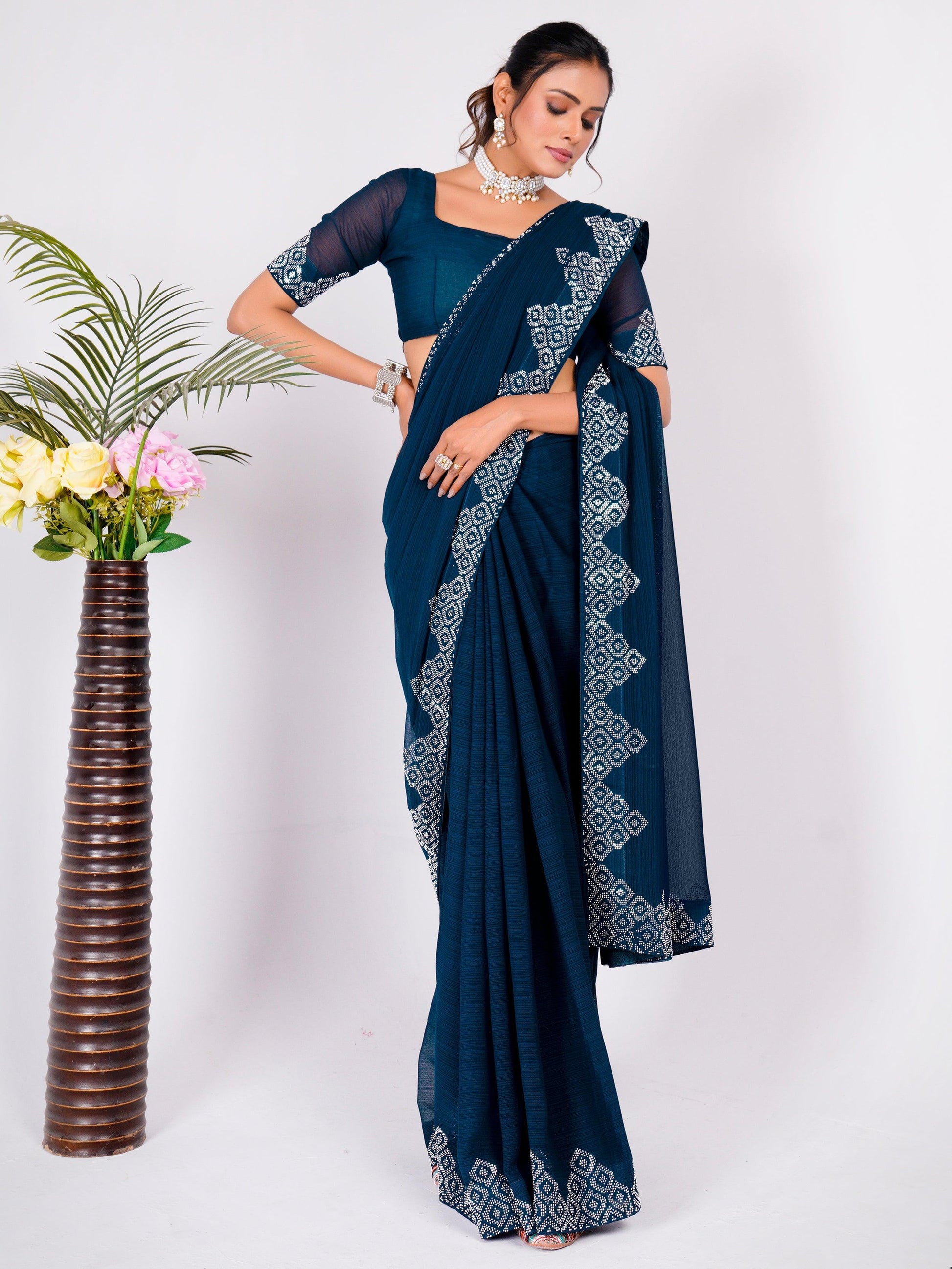Attractive Navy Blue Swarovski Work Georgette Party Wear Saree