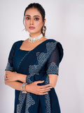 Attractive Navy Blue Swarovski Work Georgette Party Wear Saree