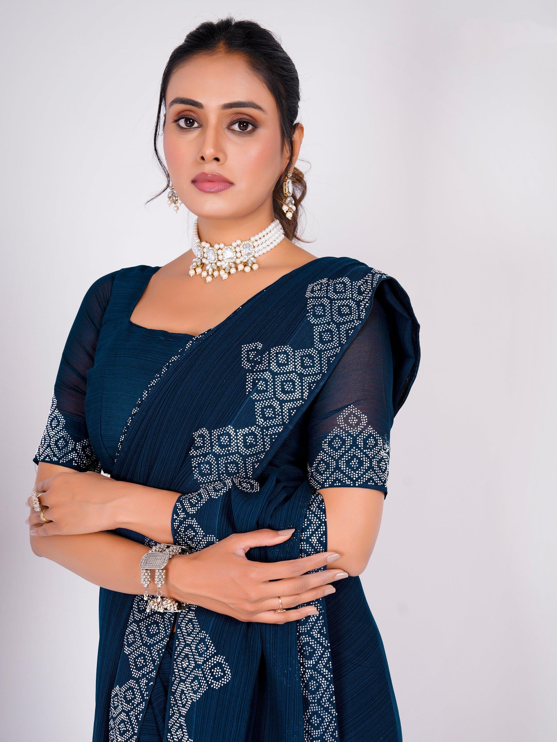 Attractive Navy Blue Swarovski Work Georgette Party Wear Saree