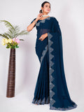Attractive Navy Blue Swarovski Work Georgette Party Wear Saree - Zeel Clothing