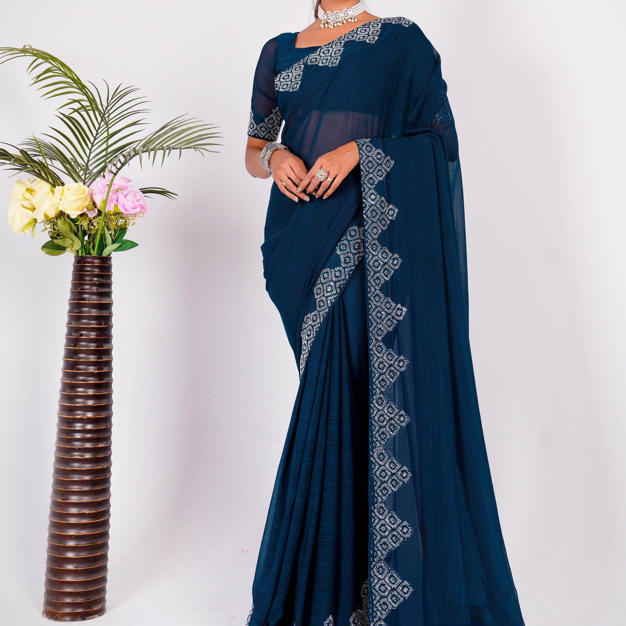 Attractive Navy Blue Swarovski Work Georgette Party Wear Saree - Zeel Clothing