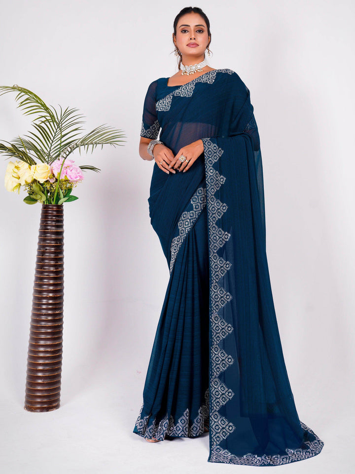 Attractive Navy Blue Swarovski Work Georgette Party Wear Saree - Zeel Clothing