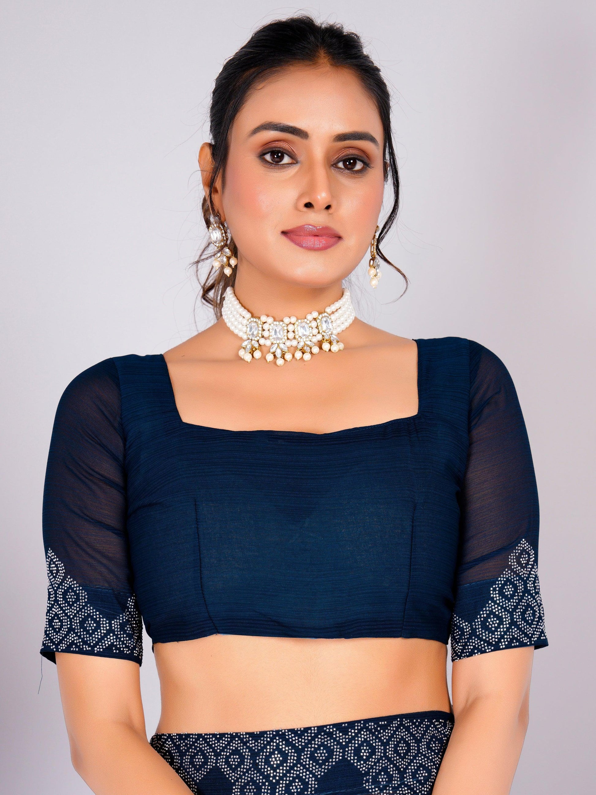 Attractive Navy Blue Swarovski Work Georgette Party Wear Saree