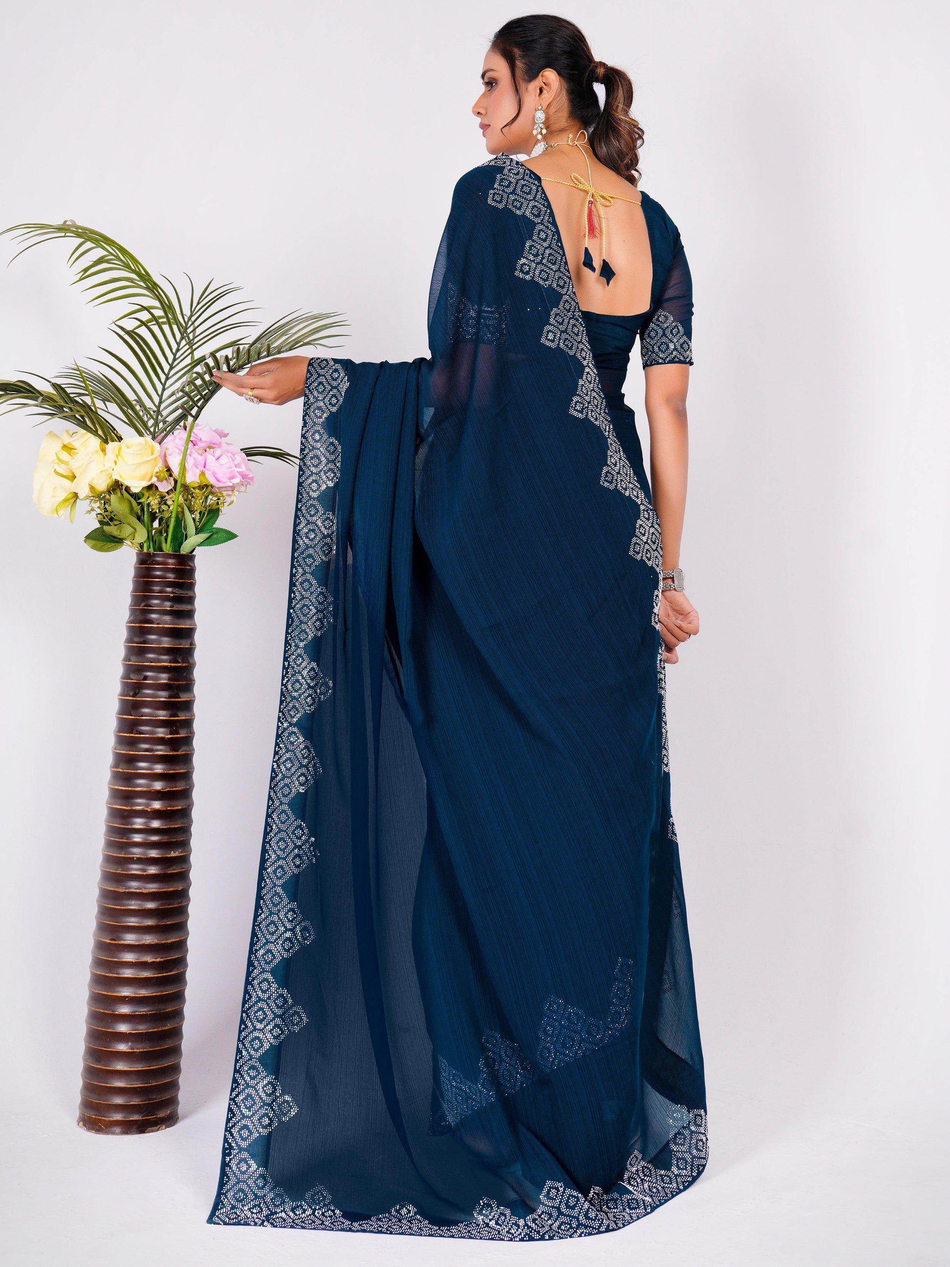 Attractive Navy Blue Swarovski Work Georgette Party Wear Saree - Zeel Clothing