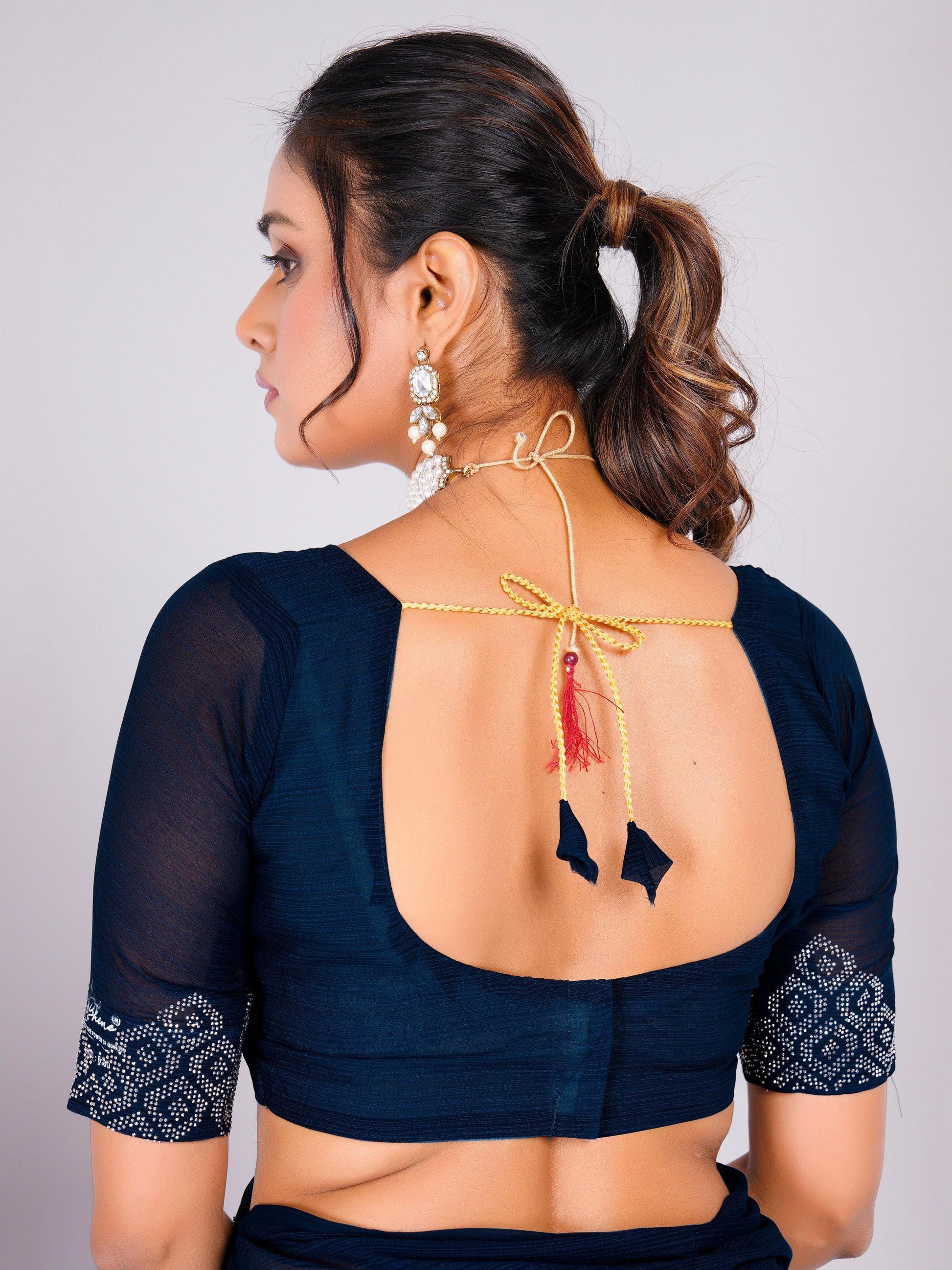 Attractive Navy Blue Swarovski Work Georgette Party Wear Saree