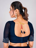 Attractive Navy Blue Swarovski Work Georgette Party Wear Saree - Zeel Clothing