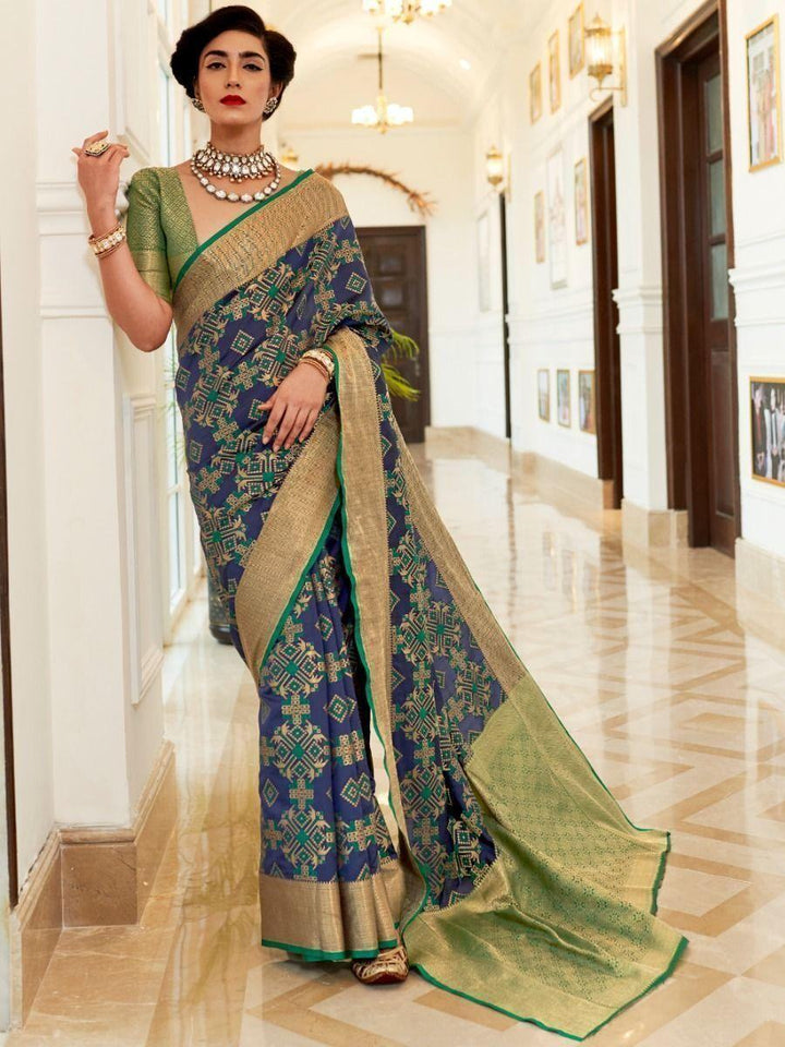 Attractive Navy Blue Woven Silk Wedding Wear Saree With Blouse