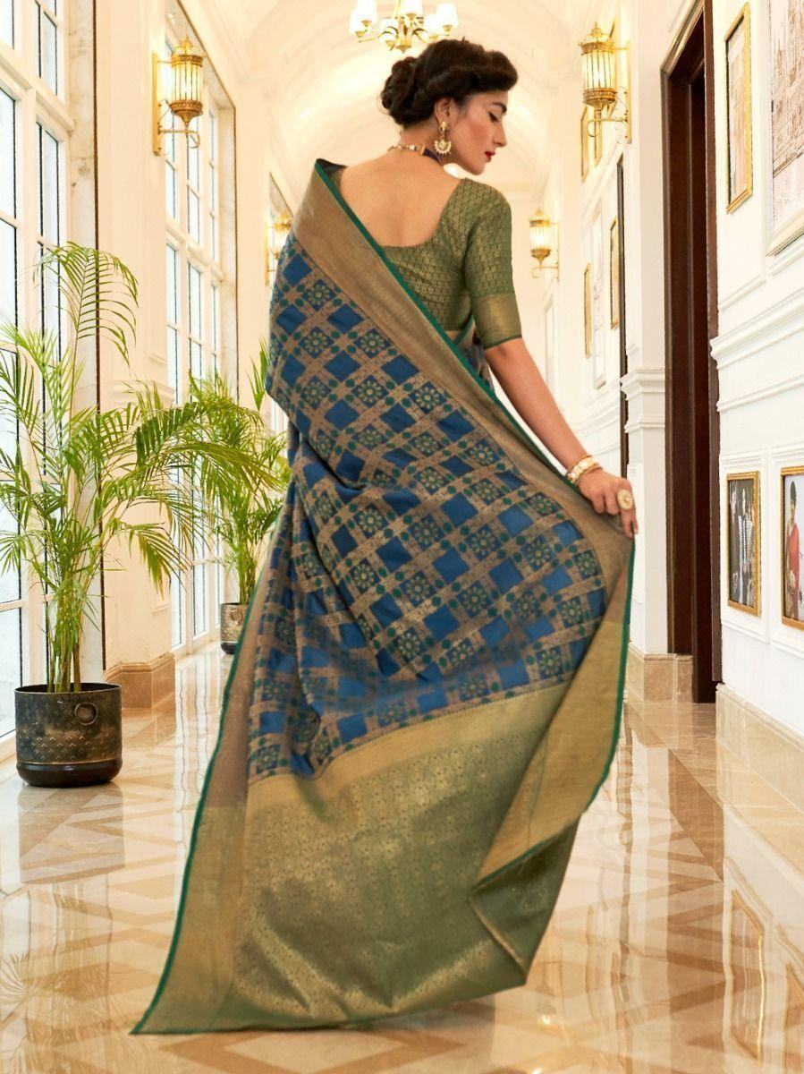 Attractive Navy Blue Woven Silk Wedding Wear Saree With Blouse