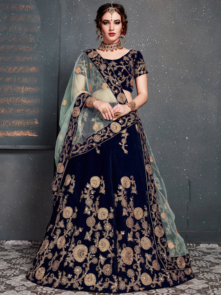 Attractive Navy Blue Zari Embroidered Velvet Wedding Lehenga Choli - Zeel Clothing