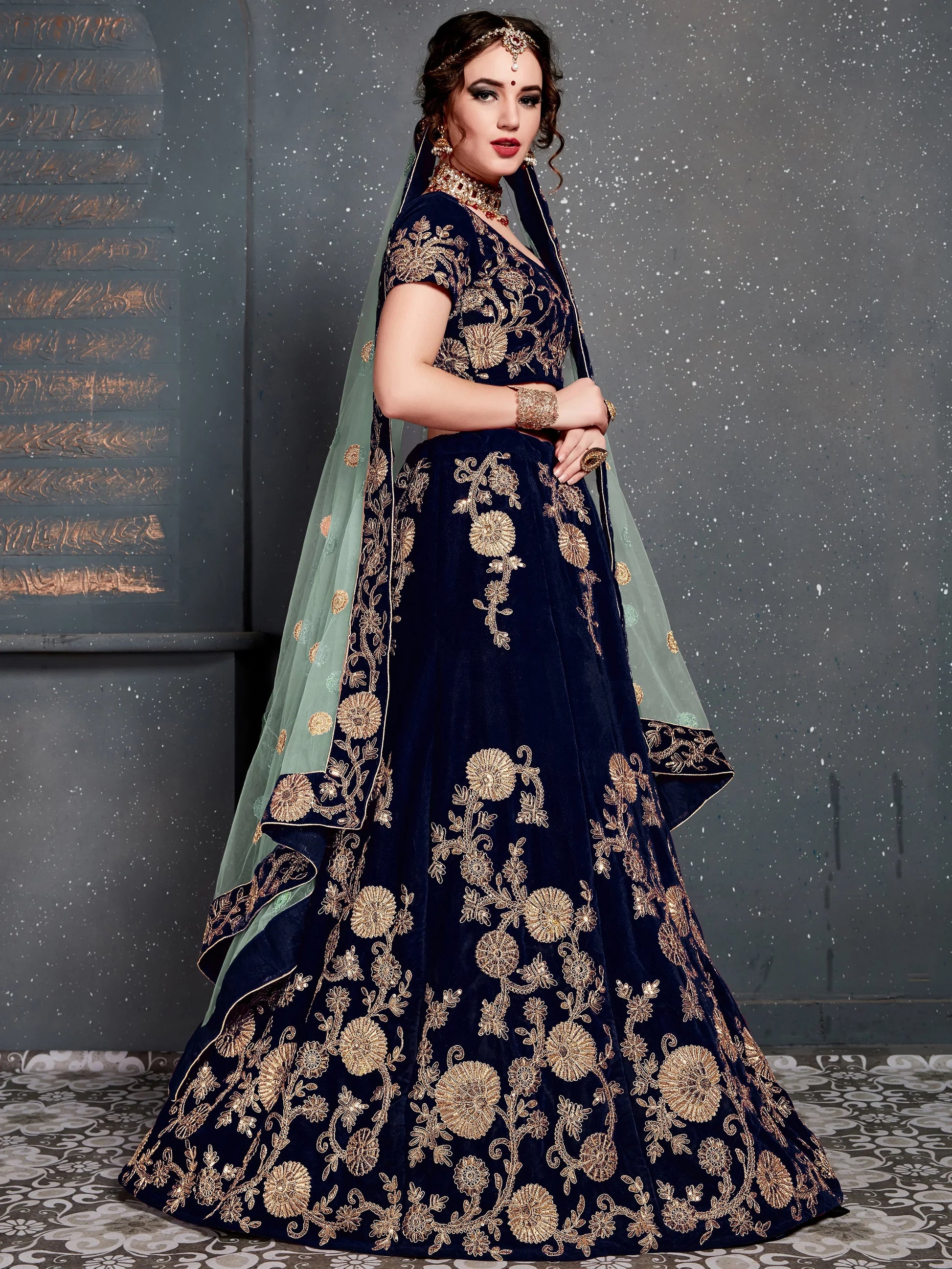 Attractive Navy Blue Zari Embroidered Velvet Wedding Lehenga Choli - Zeel Clothing