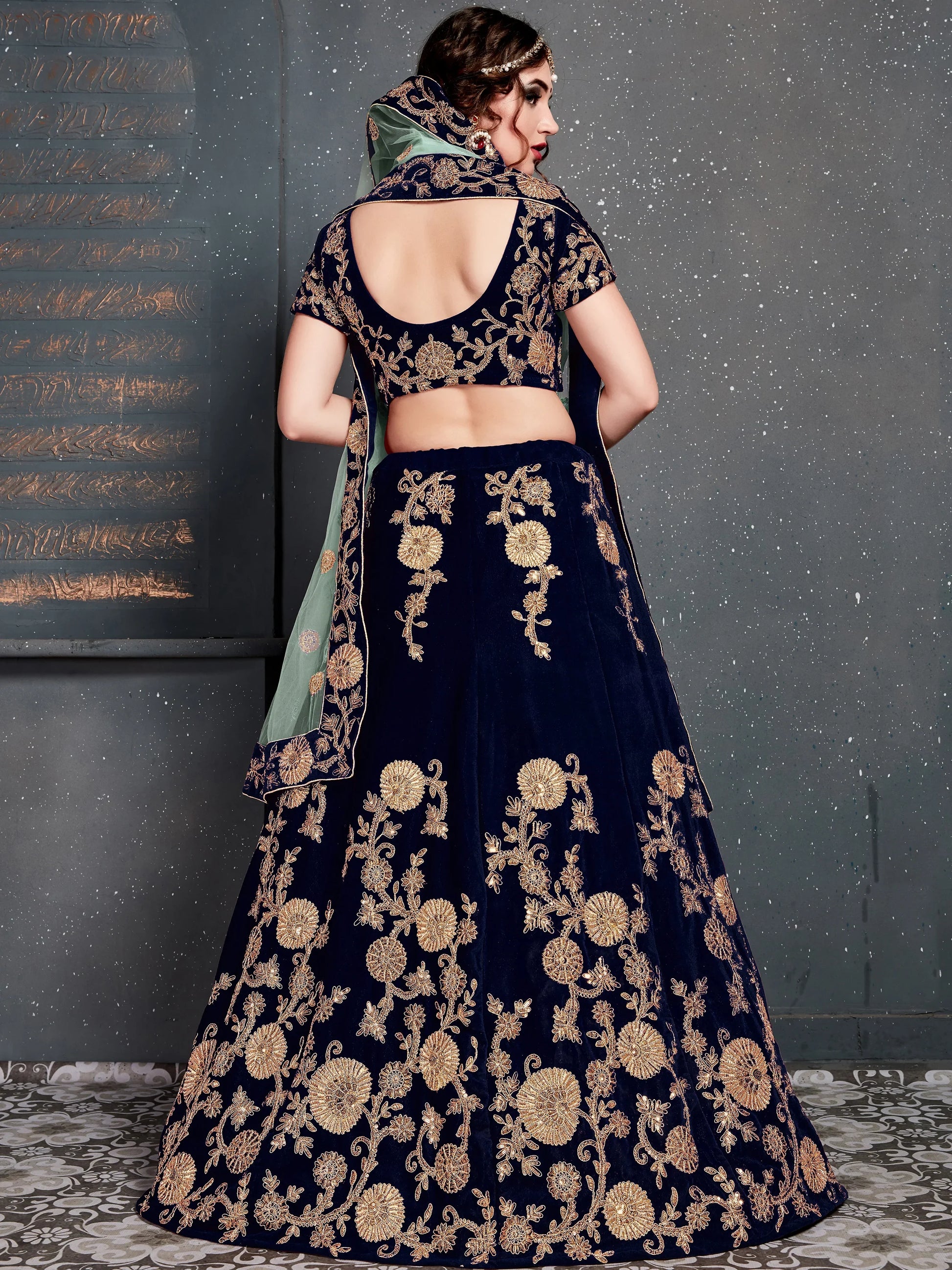 Attractive Navy Blue Zari Embroidered Velvet Wedding Lehenga Choli - Zeel Clothing