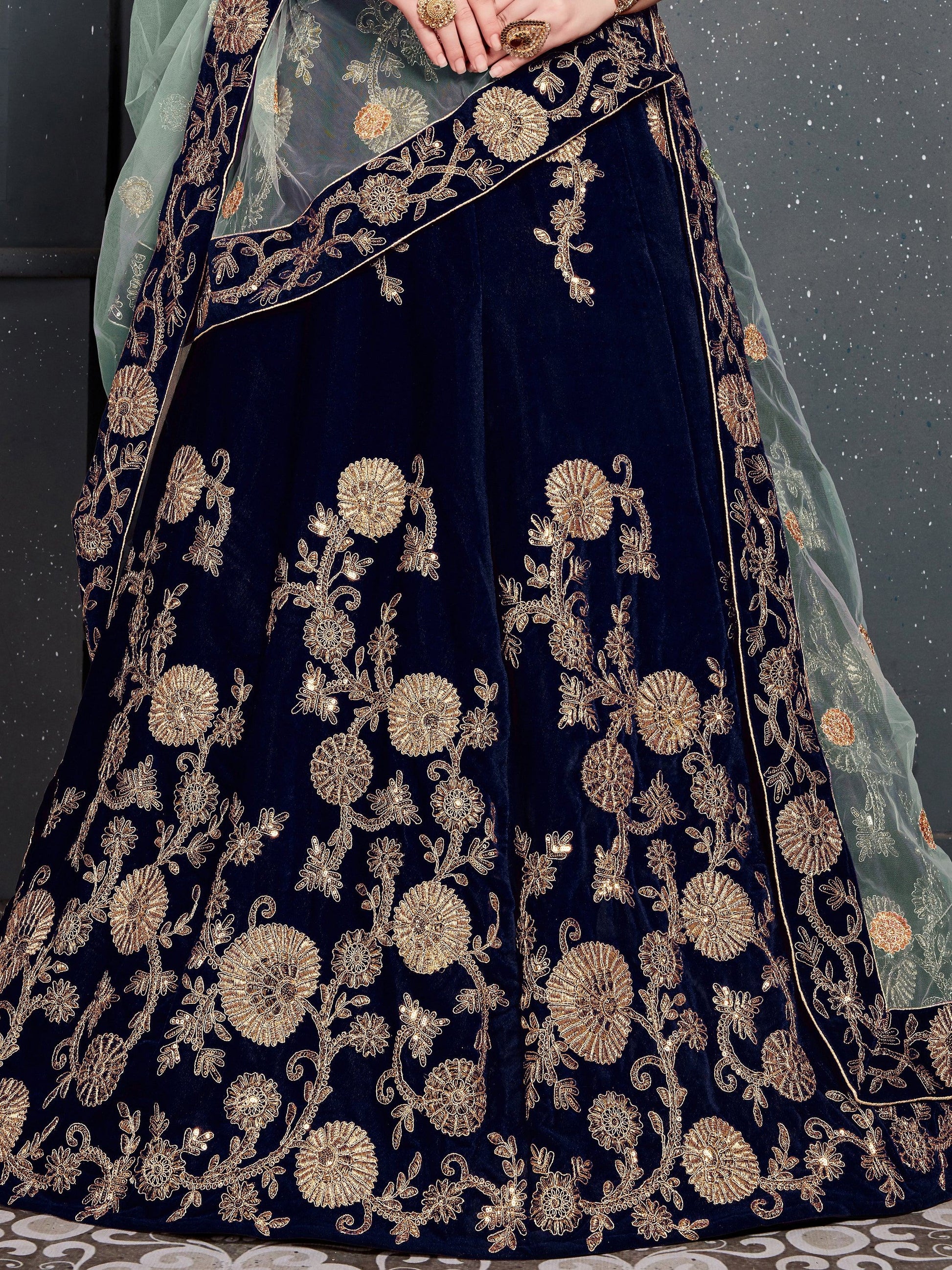 Attractive Navy Blue Zari Embroidered Velvet Wedding Lehenga Choli - Zeel Clothing