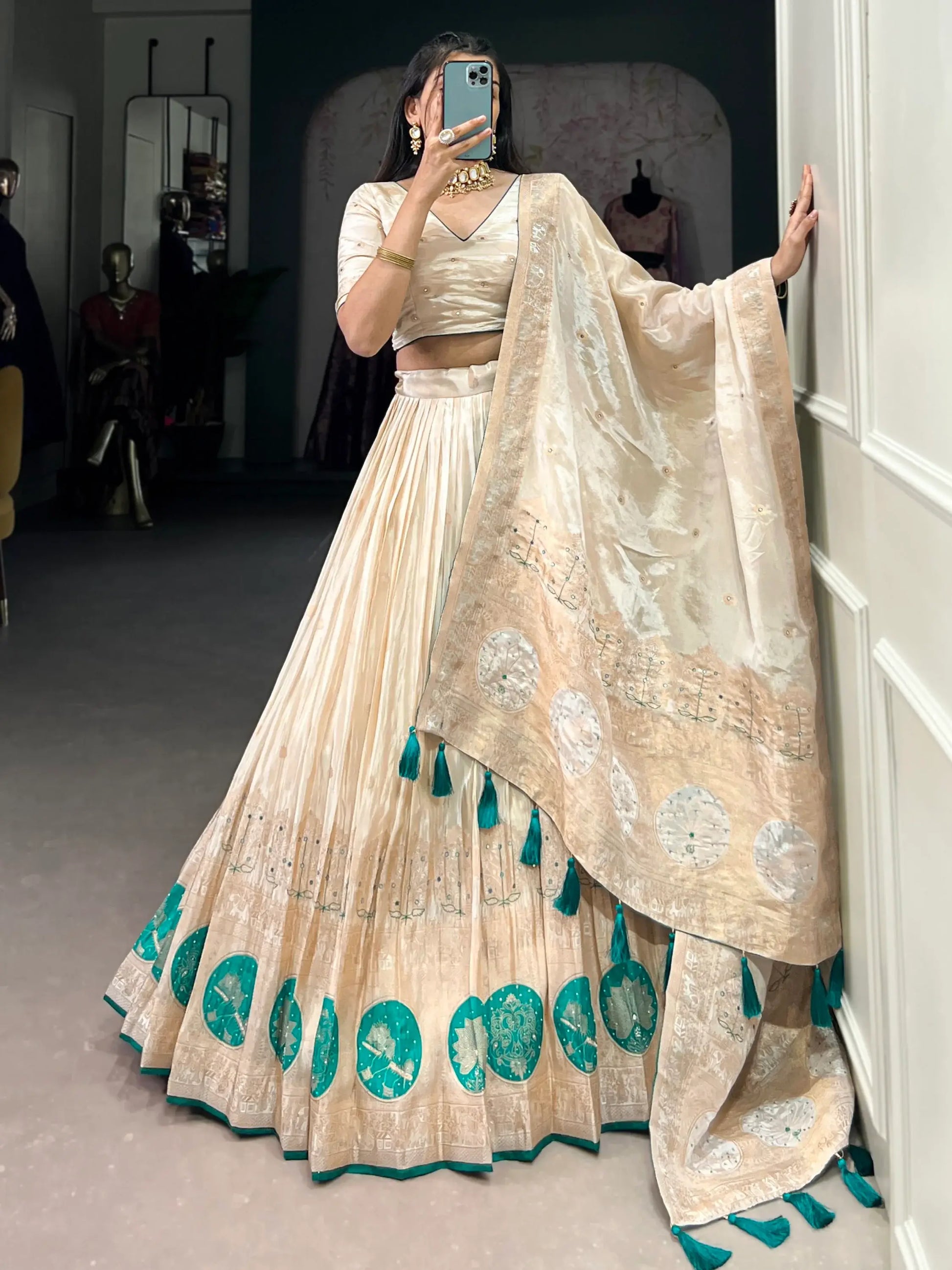 Attractive Off-White Bead Work Silk Designer Lehenga Choli With Dupatta - Zeel Clothing