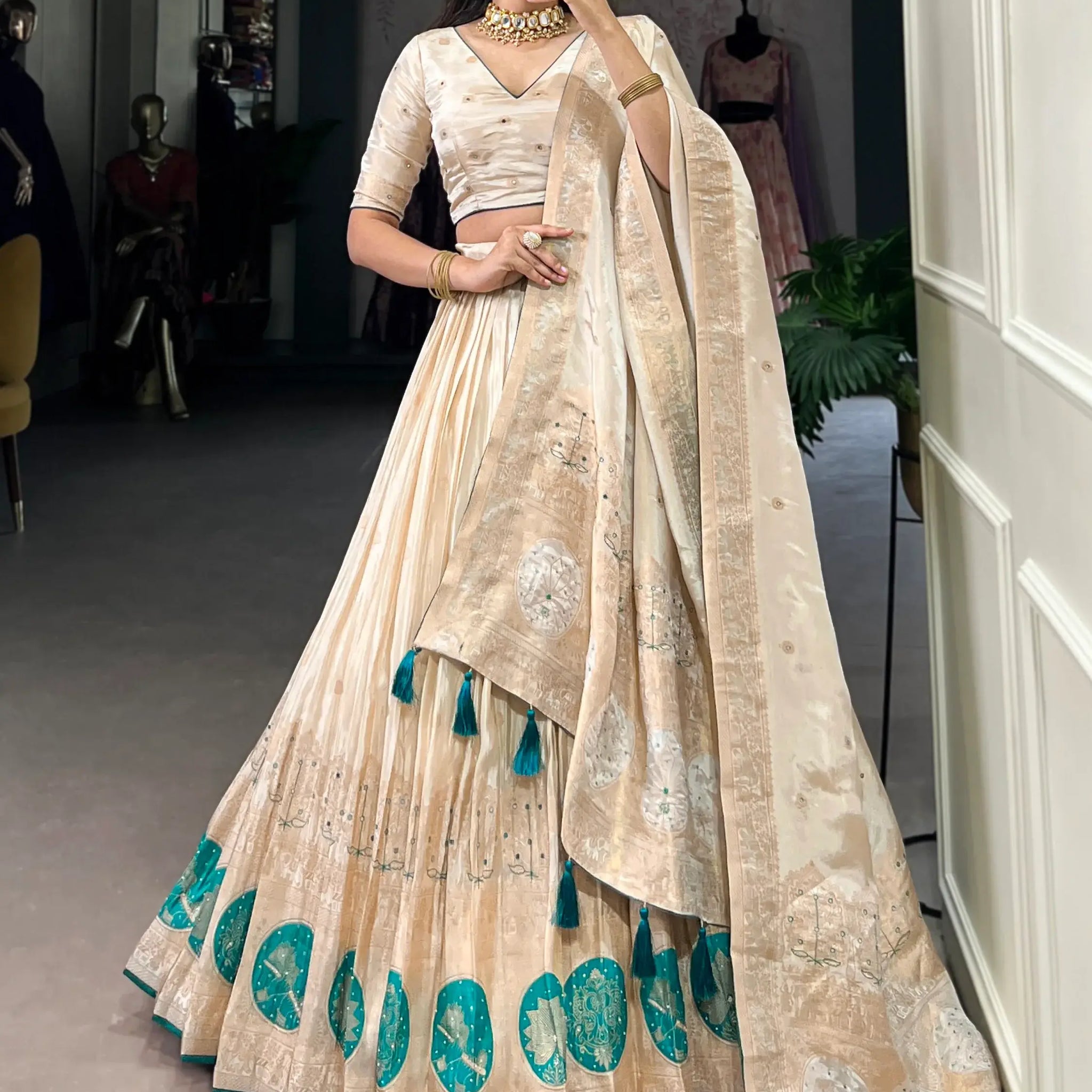 Attractive Off-White Bead Work Silk Designer Lehenga Choli With Dupatta - Zeel Clothing