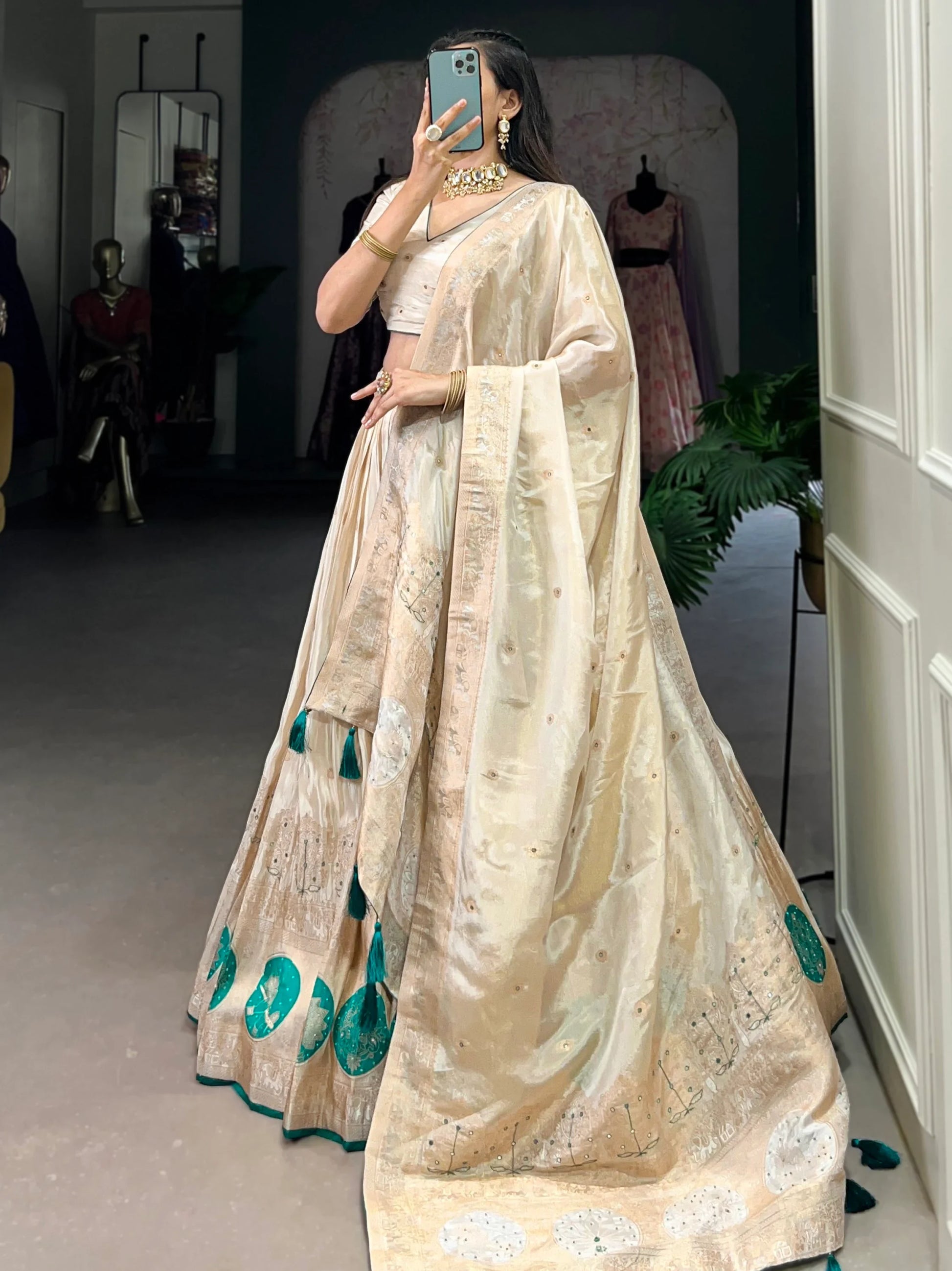 Attractive Off-White Bead Work Silk Designer Lehenga Choli With Dupatta - Zeel Clothing