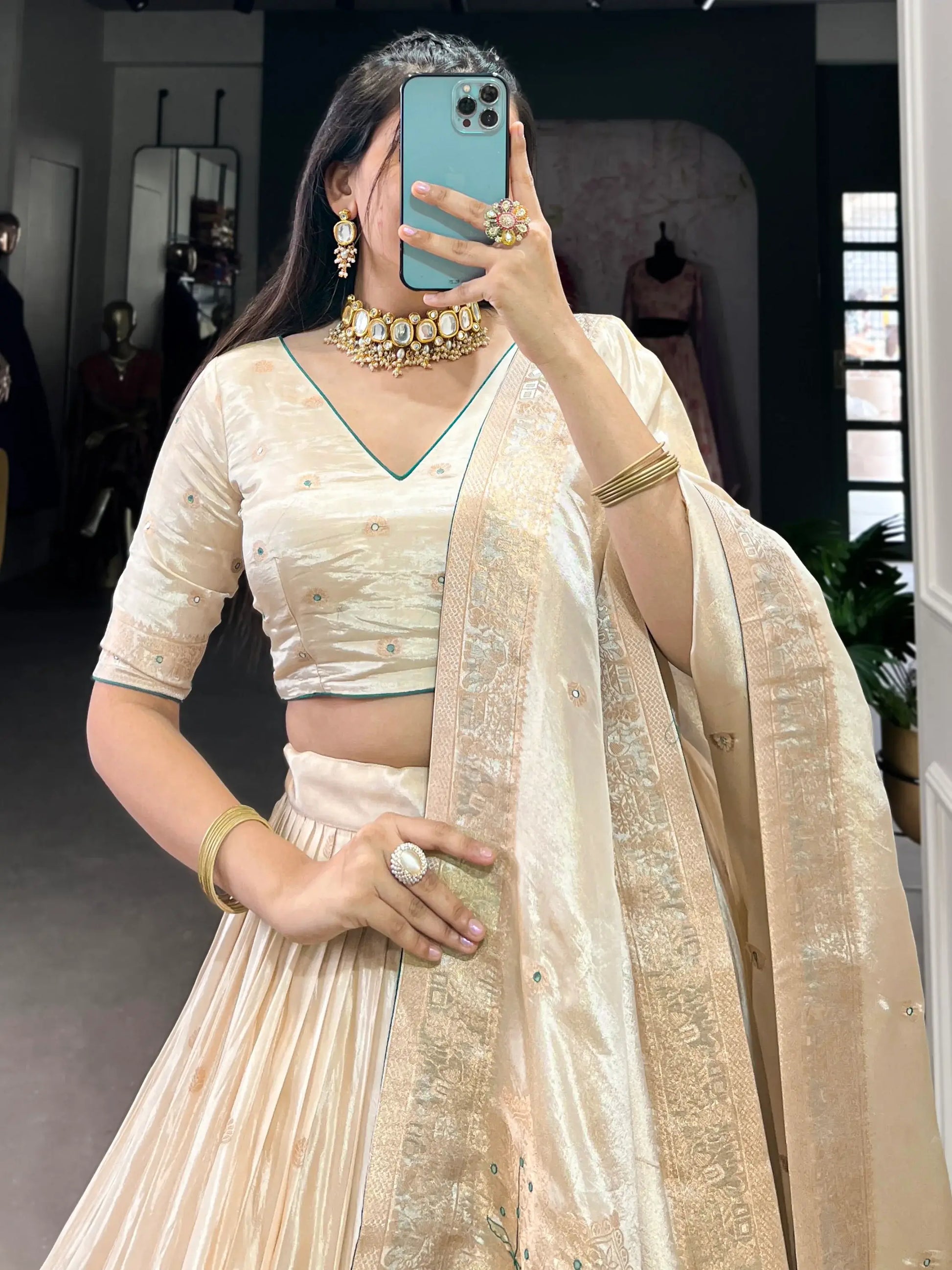 Attractive Off-White Bead Work Silk Designer Lehenga Choli With Dupatta - Zeel Clothing
