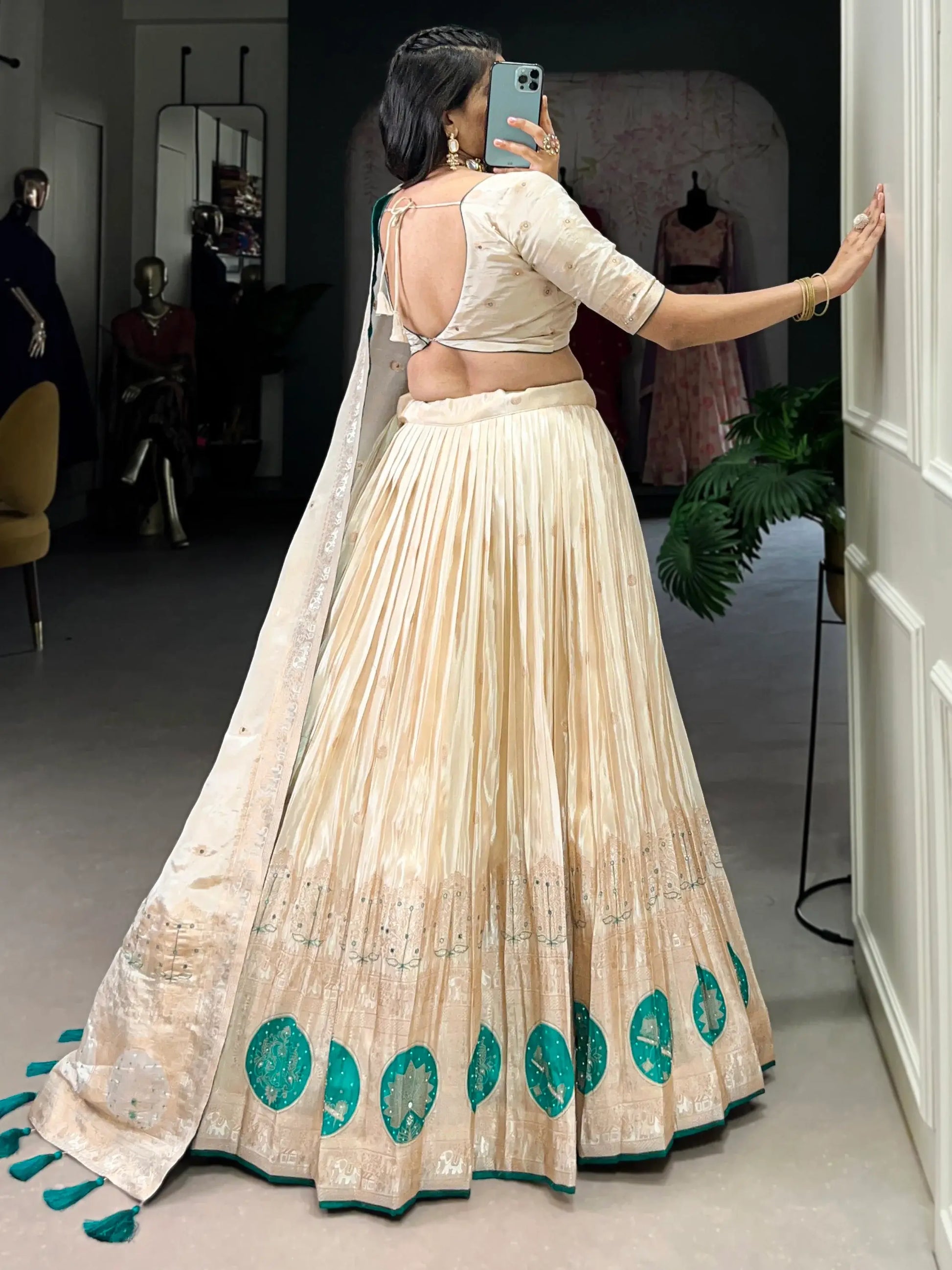 Attractive Off-White Bead Work Silk Designer Lehenga Choli With Dupatta - Zeel Clothing