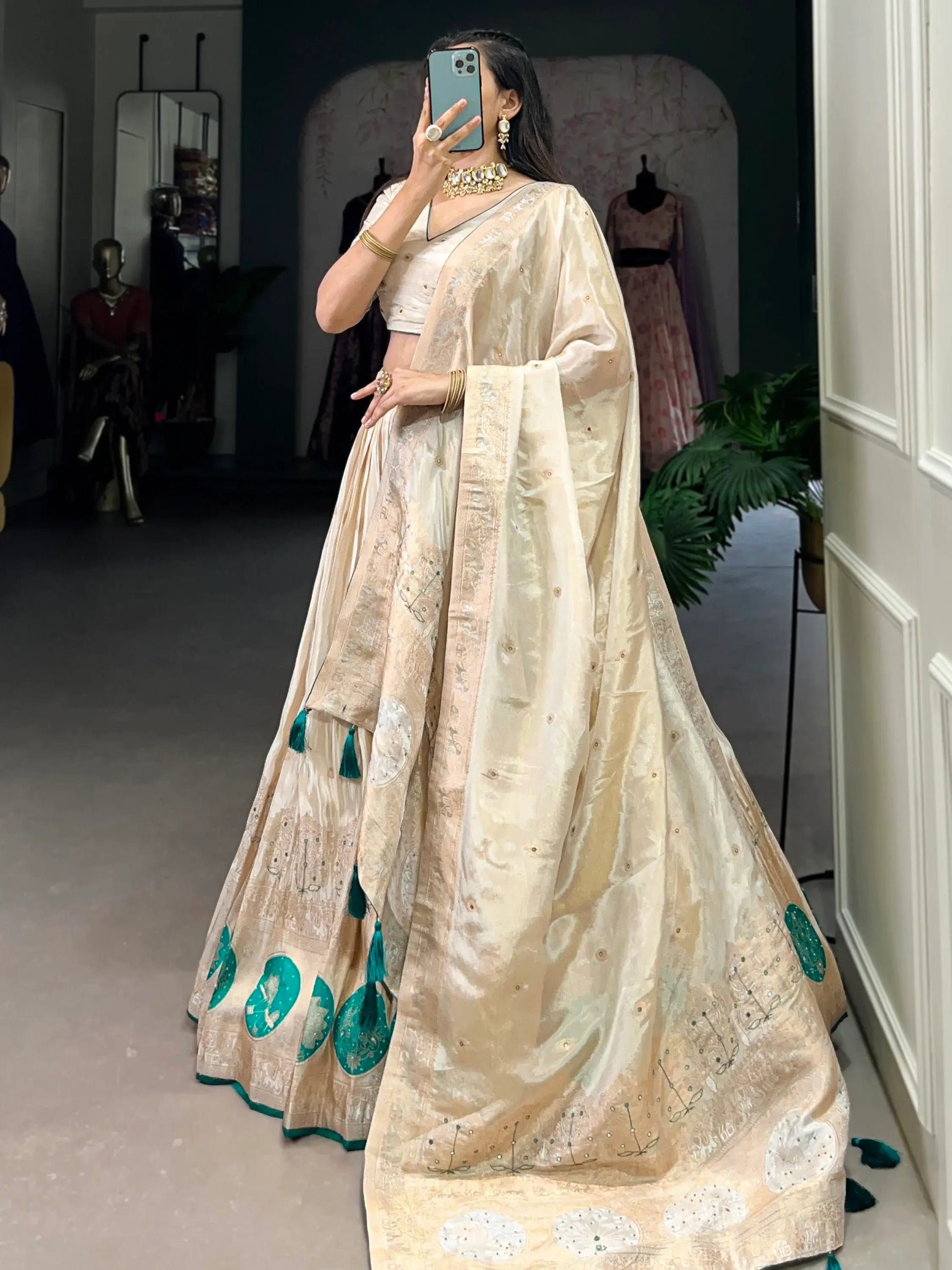 Attractive Off-White Bead Work Silk Designer Lehenga Choli With Dupatta - Zeel Clothing