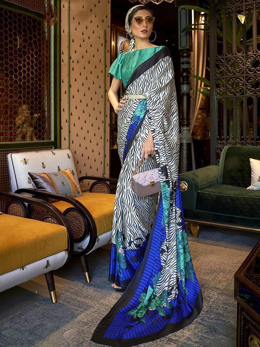 Attractive Off White Printed Satin Festival Wear Saree With Blouse