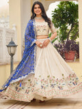 Attractive Off-White Thread Work Tissue Event Wear Lehenga Choli With Blue Dupatta