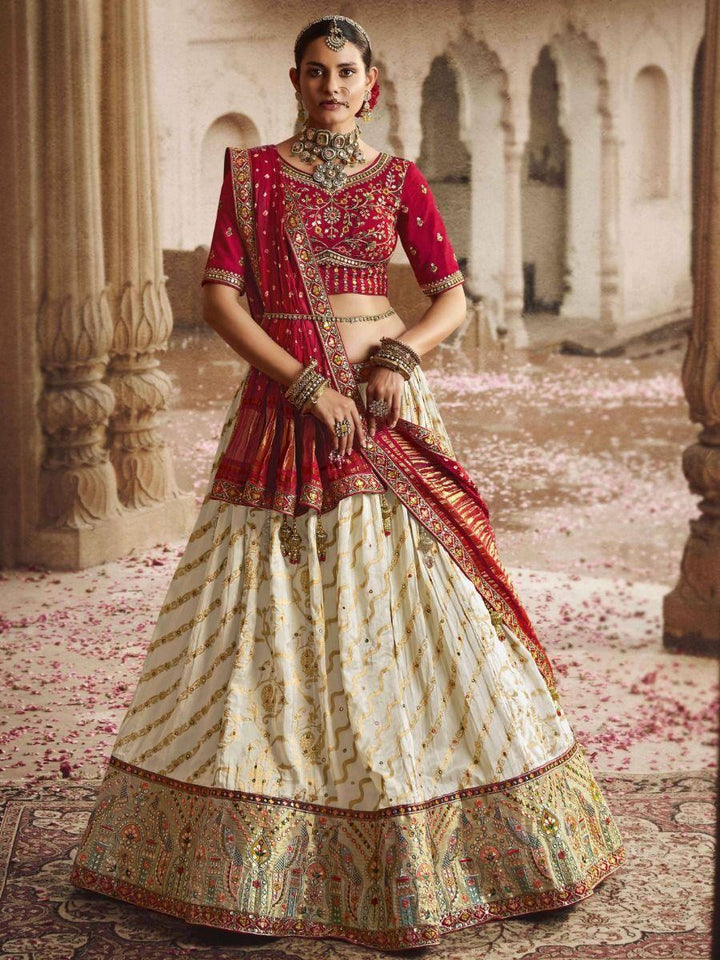 Attractive Off-White Viscose Silk Lehenga Choli With Bandhani Dupatta