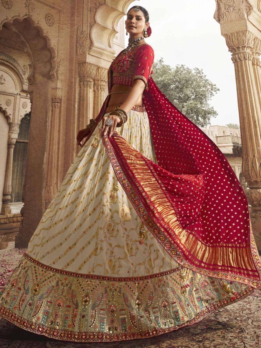 Attractive Off-White Viscose Silk Lehenga Choli With Bandhani Dupatta