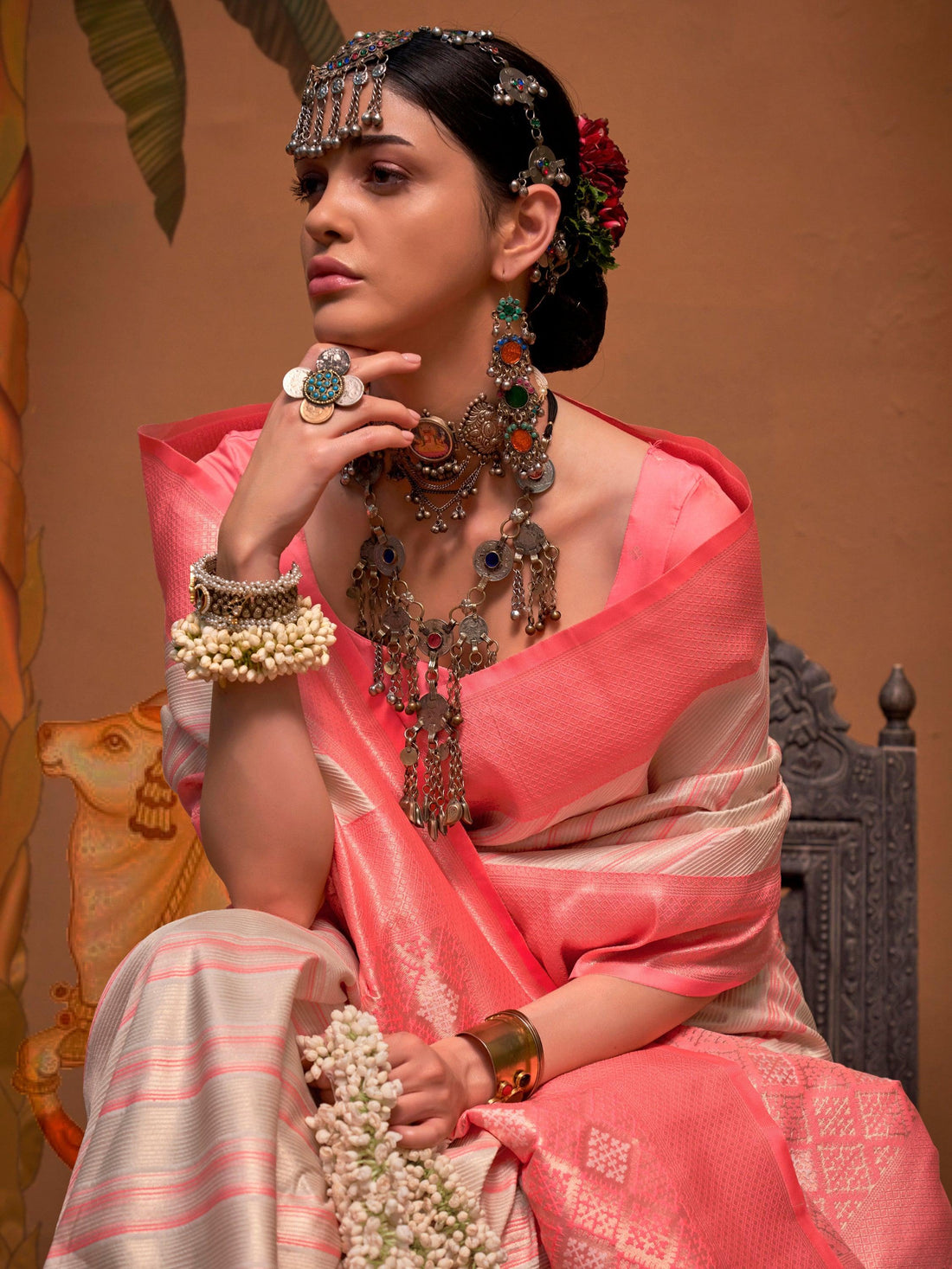 Attractive Off-White Weaving Silk Event Wear Saree With Blouse