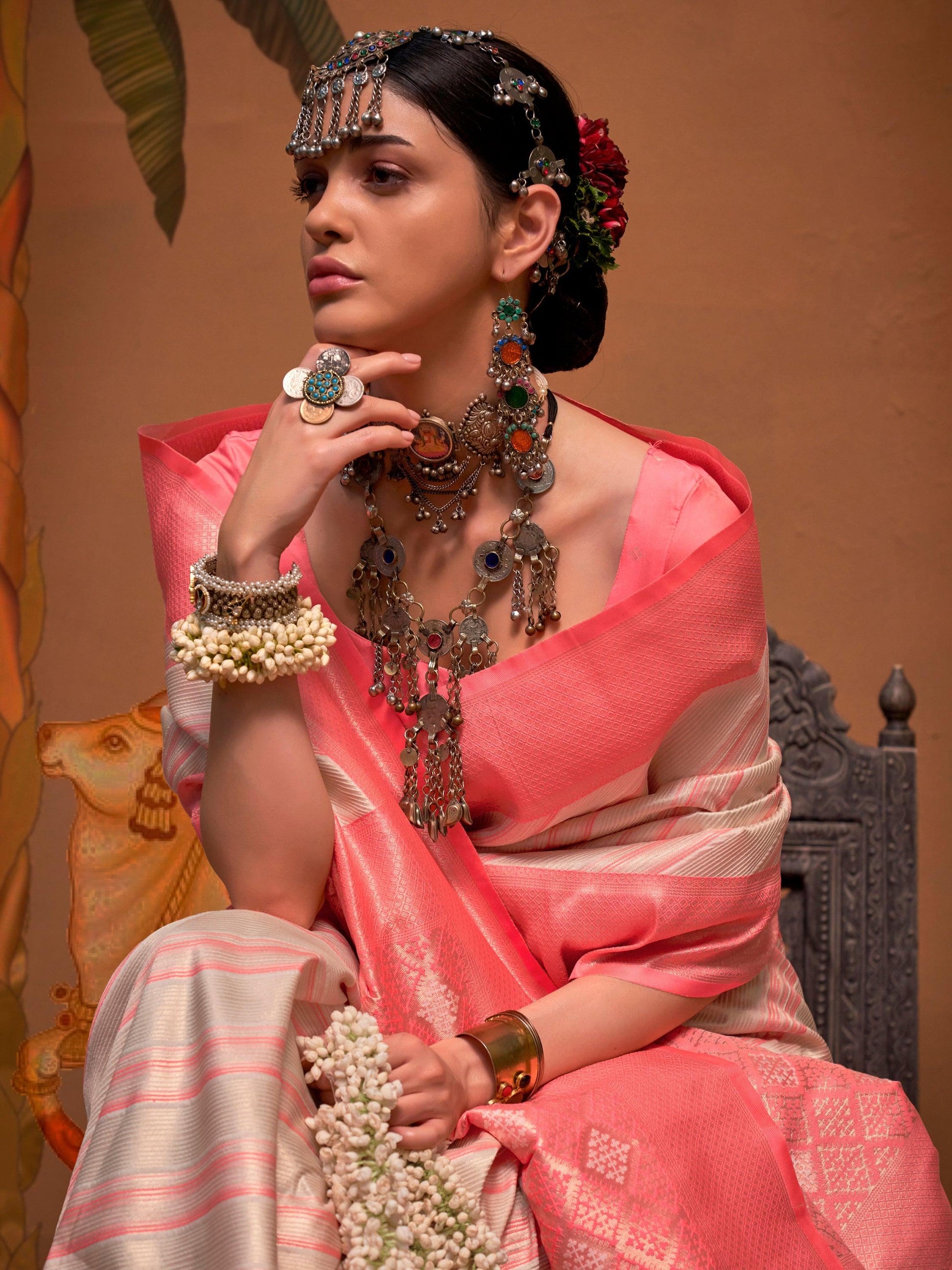 Attractive Off-White Weaving Silk Event Wear Saree With Blouse