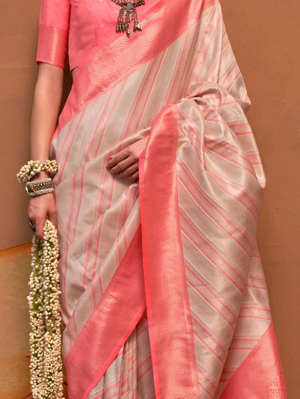 Attractive Off-White Weaving Silk Event Wear Saree With Blouse