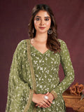 Attractive Olive Green Embroidered Net Salwar Kameez With Dupatta - Zeel Clothing