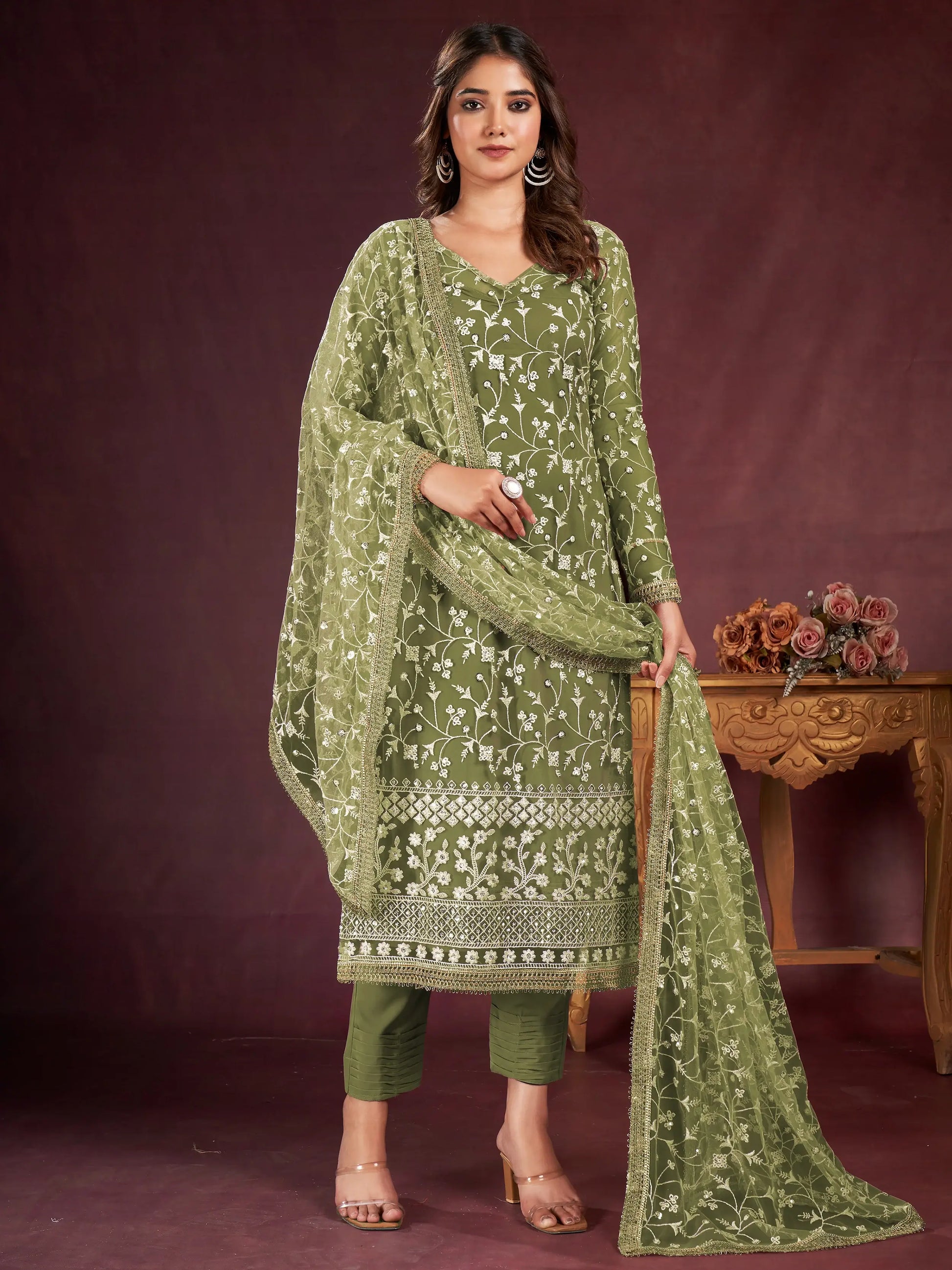 Attractive Olive Green Embroidered Net Salwar Kameez With Dupatta - Zeel Clothing