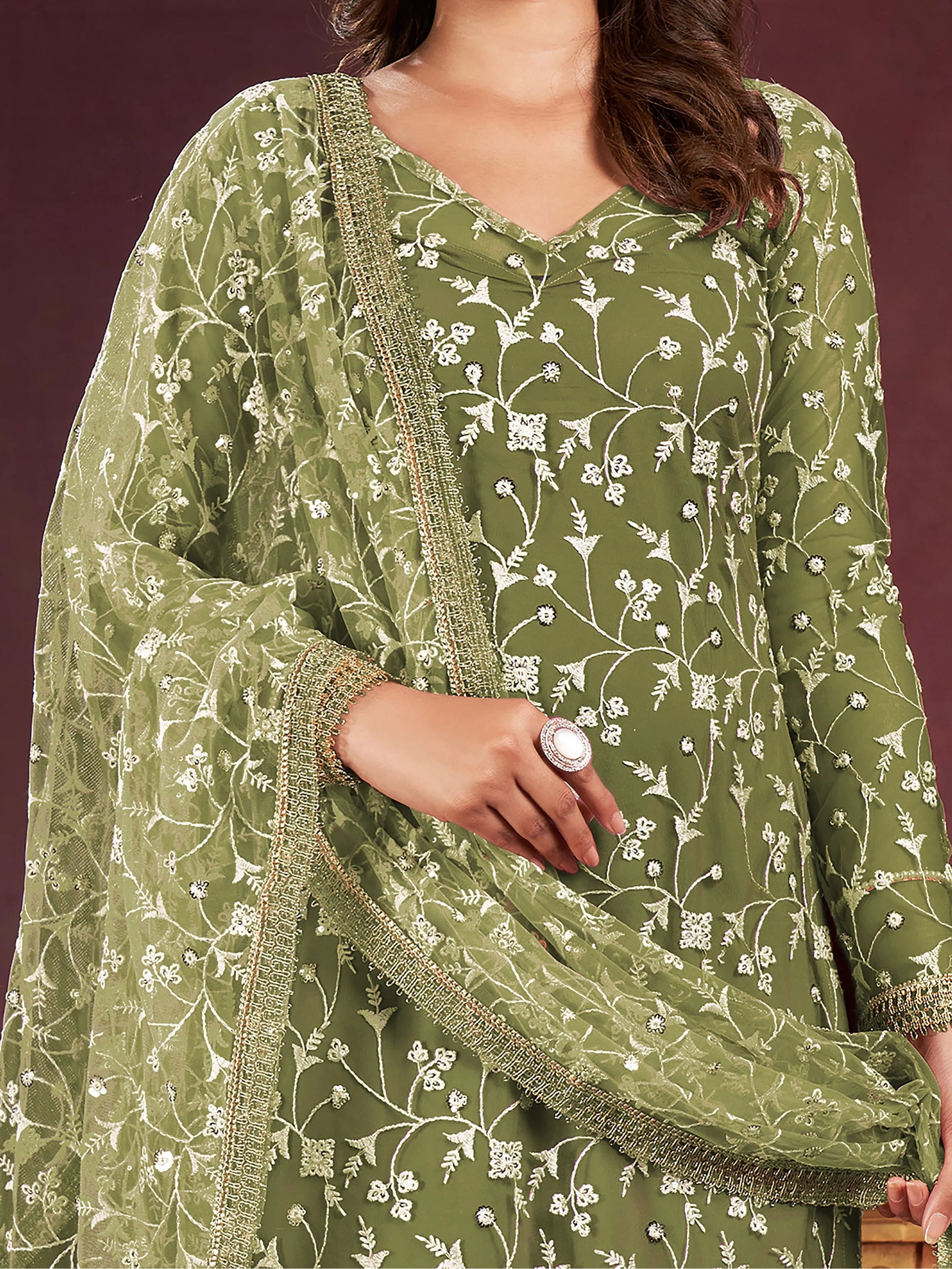Attractive Olive Green Embroidered Net Salwar Kameez With Dupatta - Zeel Clothing