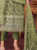 Attractive Olive Green Embroidered Net Salwar Kameez With Dupatta - Zeel Clothing