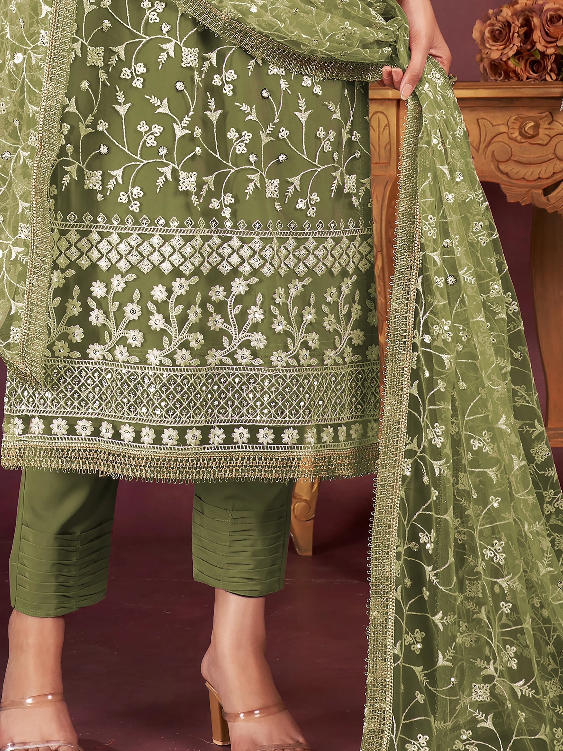 Attractive Olive Green Embroidered Net Salwar Kameez With Dupatta - Zeel Clothing